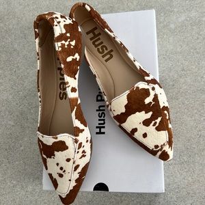 NWOT. Cow Print Hush Puppy Leather Loafers.